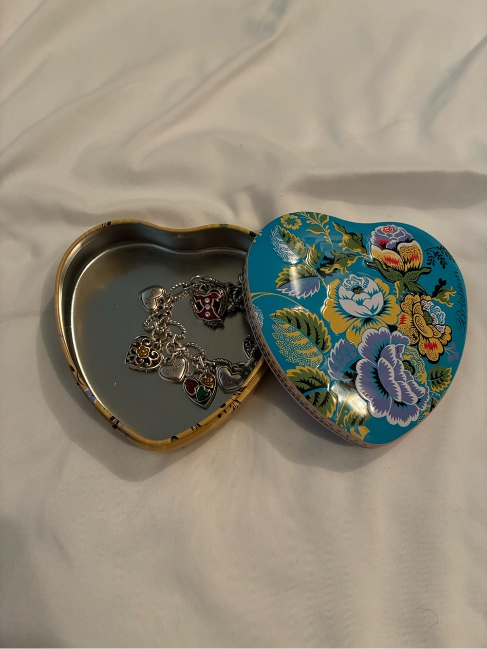 Brighton Heart Charm Bracelet Silver Tone Enamel 8” + Heart Tin